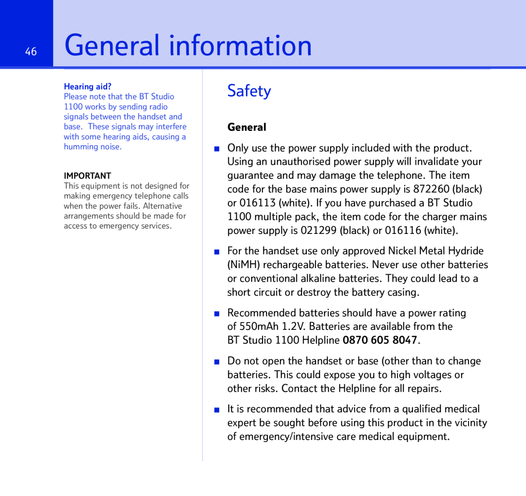 BT BT STUDIO 1100 manual General information, Safety 