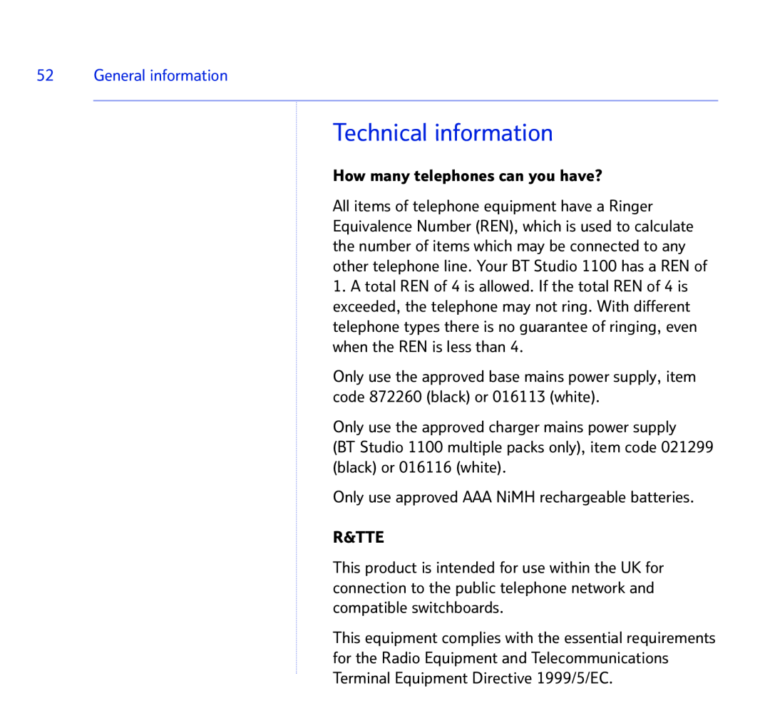 BT BT STUDIO 1100 manual Technical information, General information 