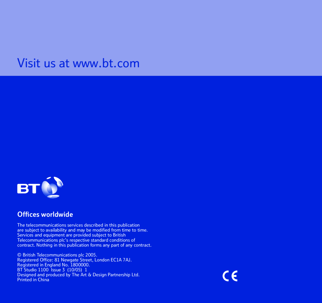 BT BT STUDIO 1100 manual Ofﬁces worldwide, British Telecommunications plc, BT Studio 1100 Issue 3 10/05 