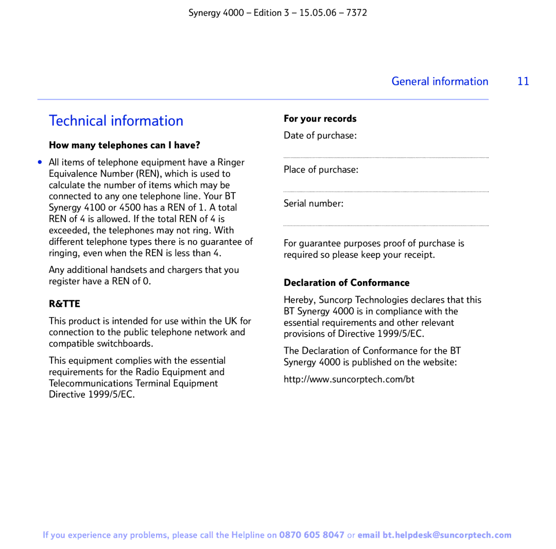 BT BT SYNERGY 4000 manual Technical information, How many telephones can I have?, Place of purchase Serial number 