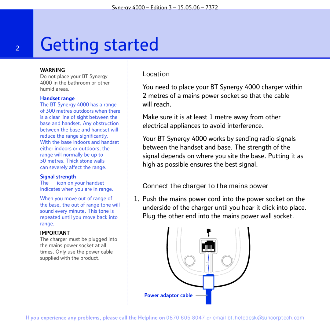 BT BT SYNERGY 4000 manual Getting started, Connect the charger to the mains power, Handset range, Signal strength 