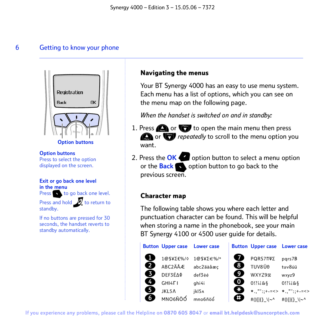 BT BT SYNERGY 4000 manual Navigating the menus, When the handset is switched on and in standby, Option buttons 