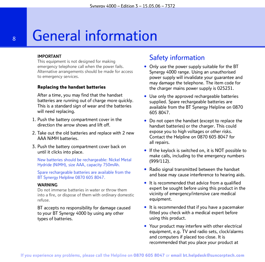 BT BT SYNERGY 4000 manual GeneralSection information, Safety information, Replacing the handset batteries 