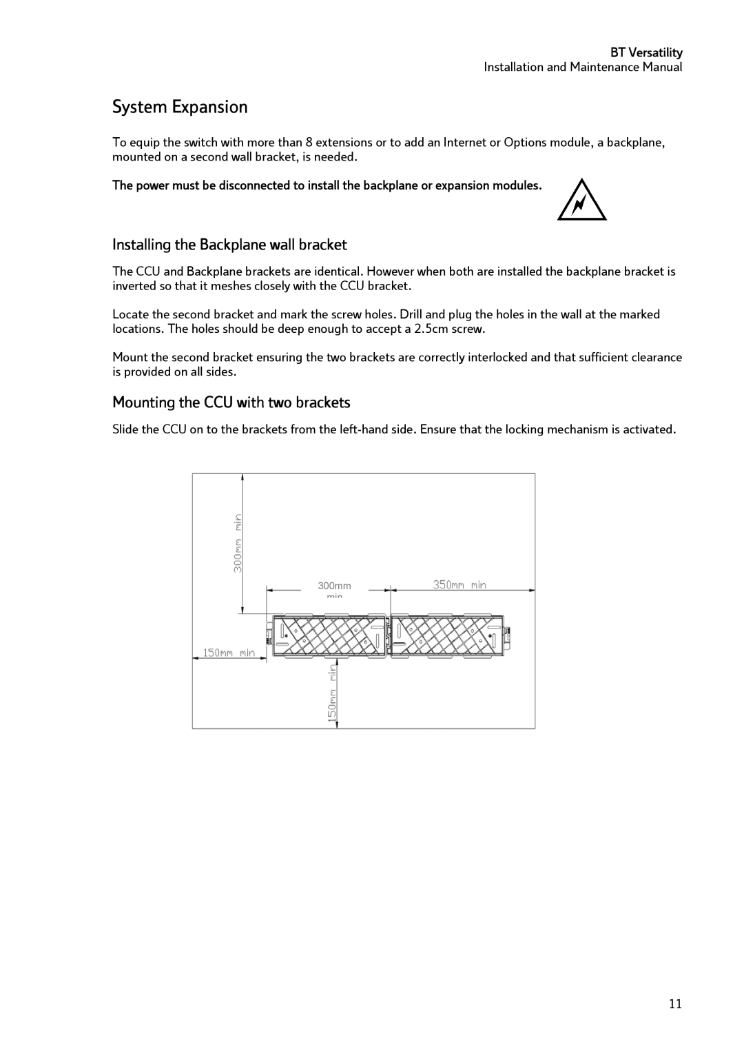 BT BT Versatility manual System Expansion, Installing the Backplane wall bracket, Mounting the CCU with two brackets 