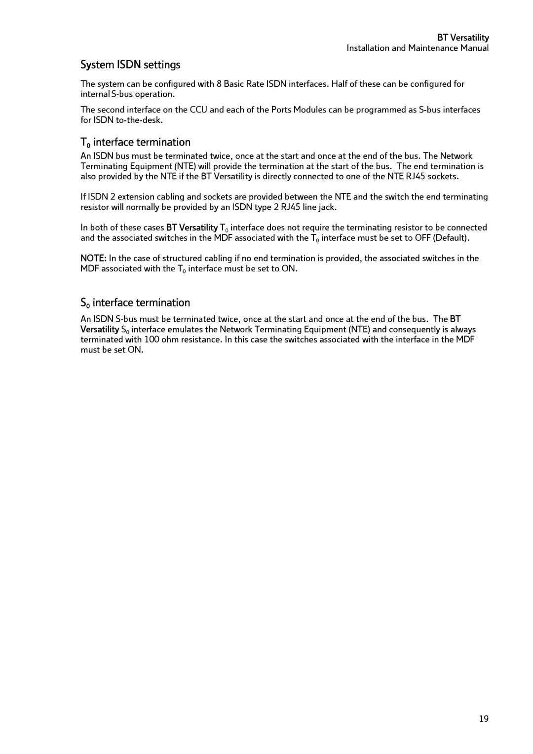 BT BT Versatility manual System Isdn settings, T0 interface termination, S0 interface termination 