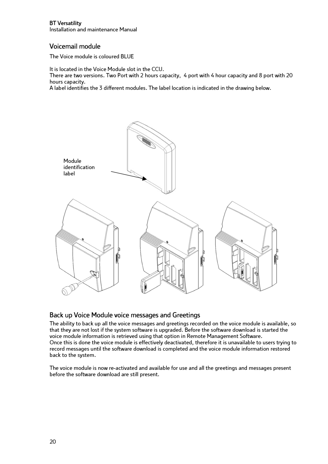 BT BT Versatility manual Voicemail module, Back up Voice Module voice messages and Greetings 