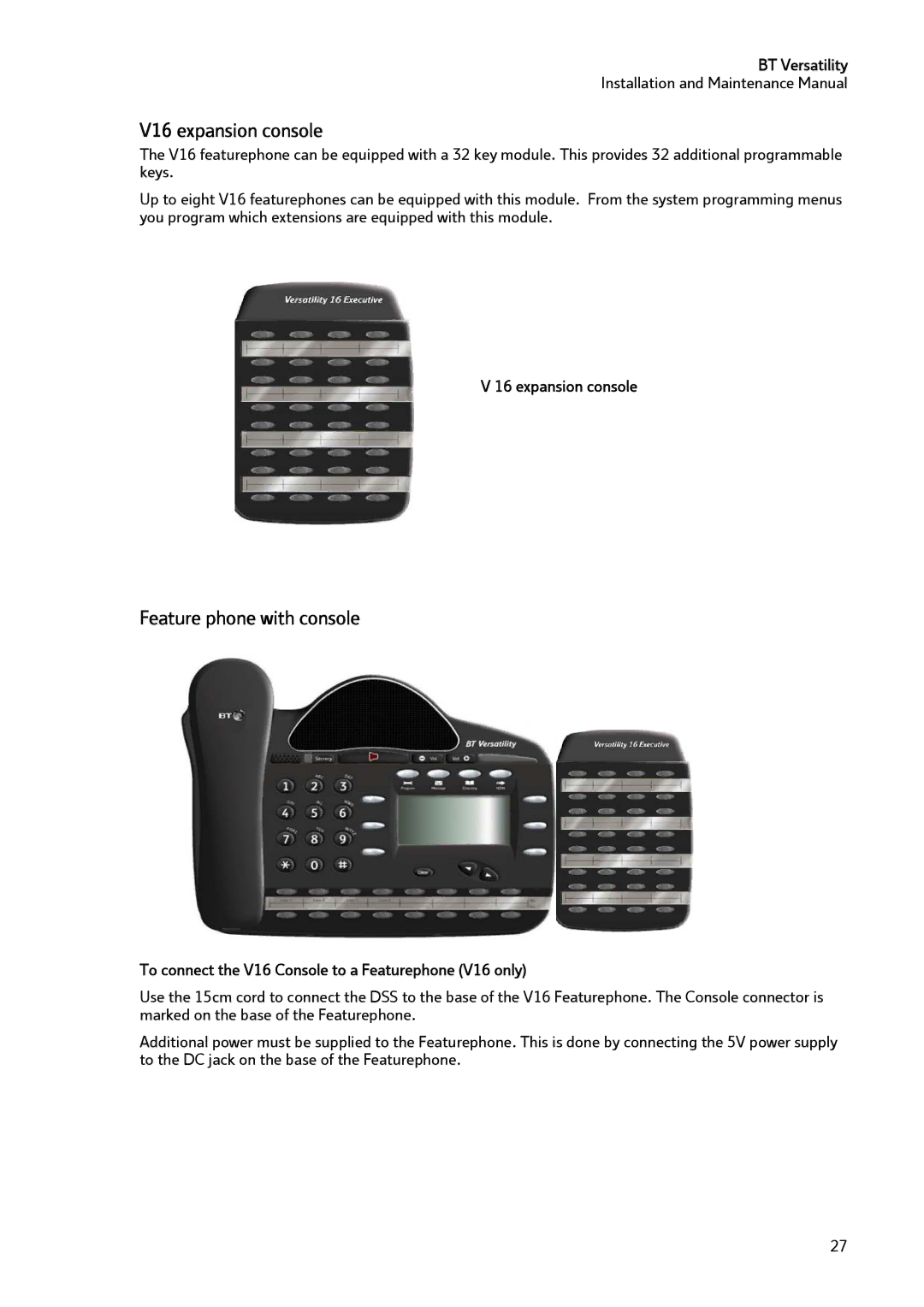 BT BT Versatility manual V16 expansion console, Feature phone with console, Expansion console 