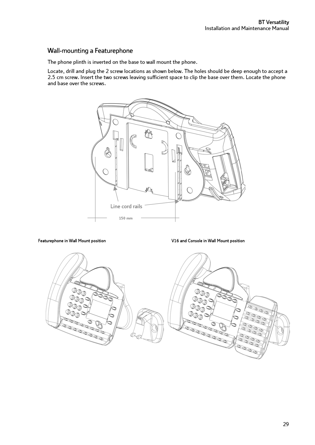 BT BT Versatility manual Wall-mounting a Featurephone, Line cord rails 