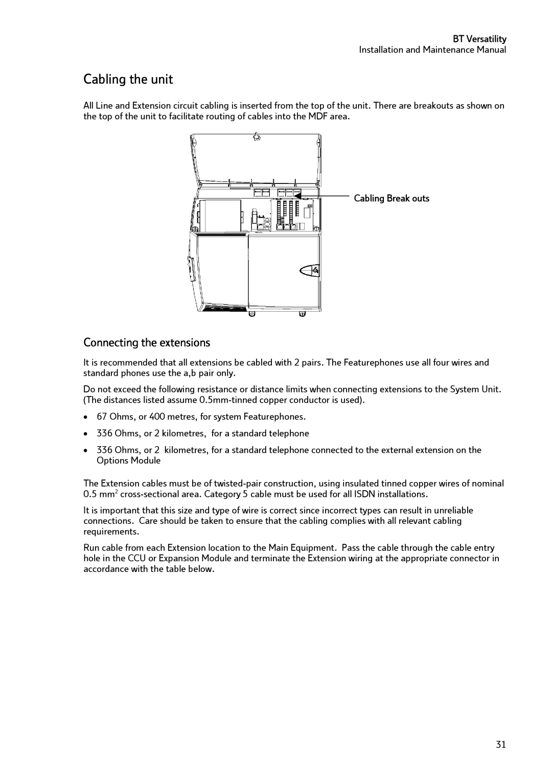 BT BT Versatility manual Cabling the unit, Connecting the extensions, Cabling Break outs 