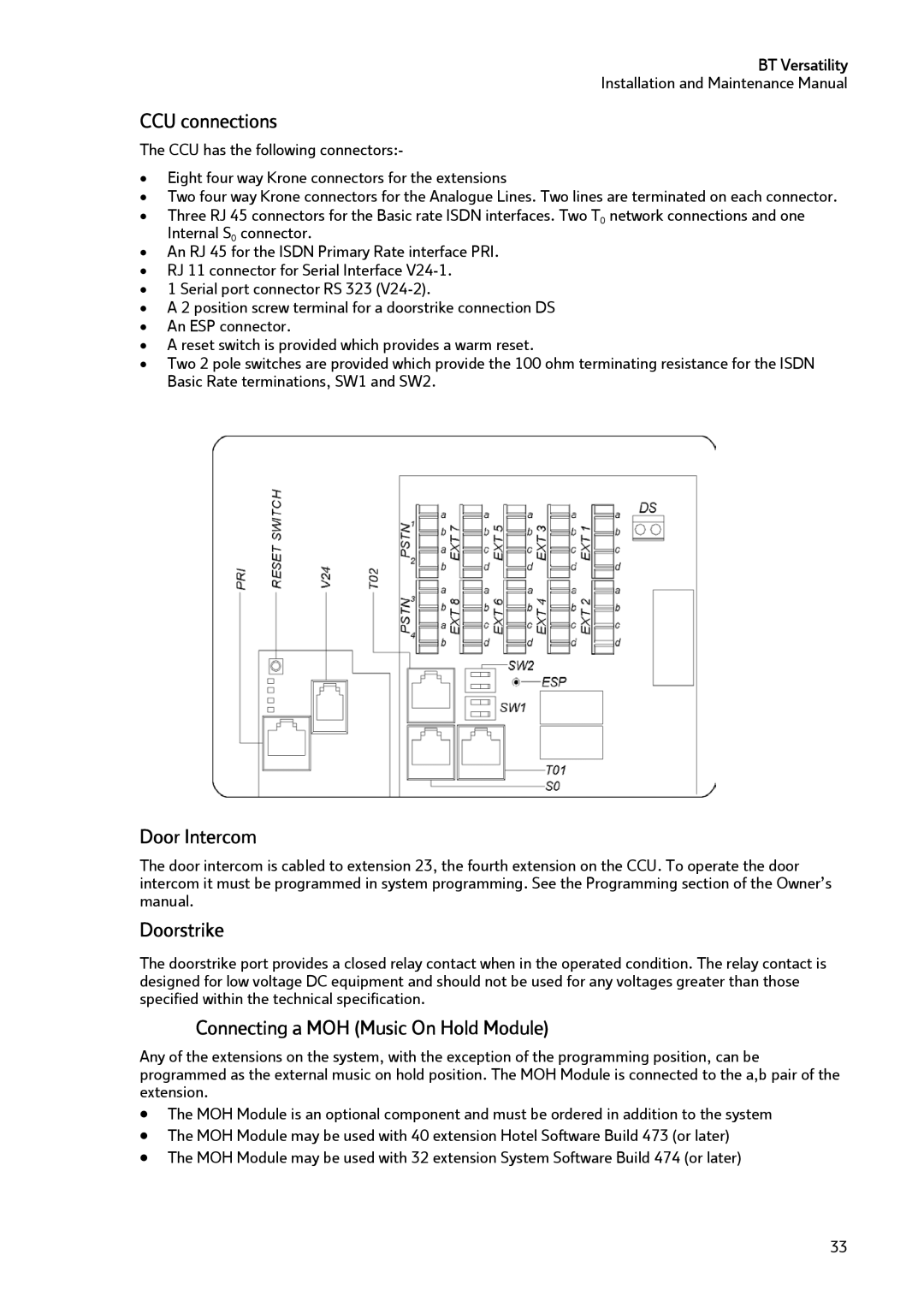 BT BT Versatility manual CCU connections, Door Intercom Doorstrike, Connecting a MOH Music On Hold Module 