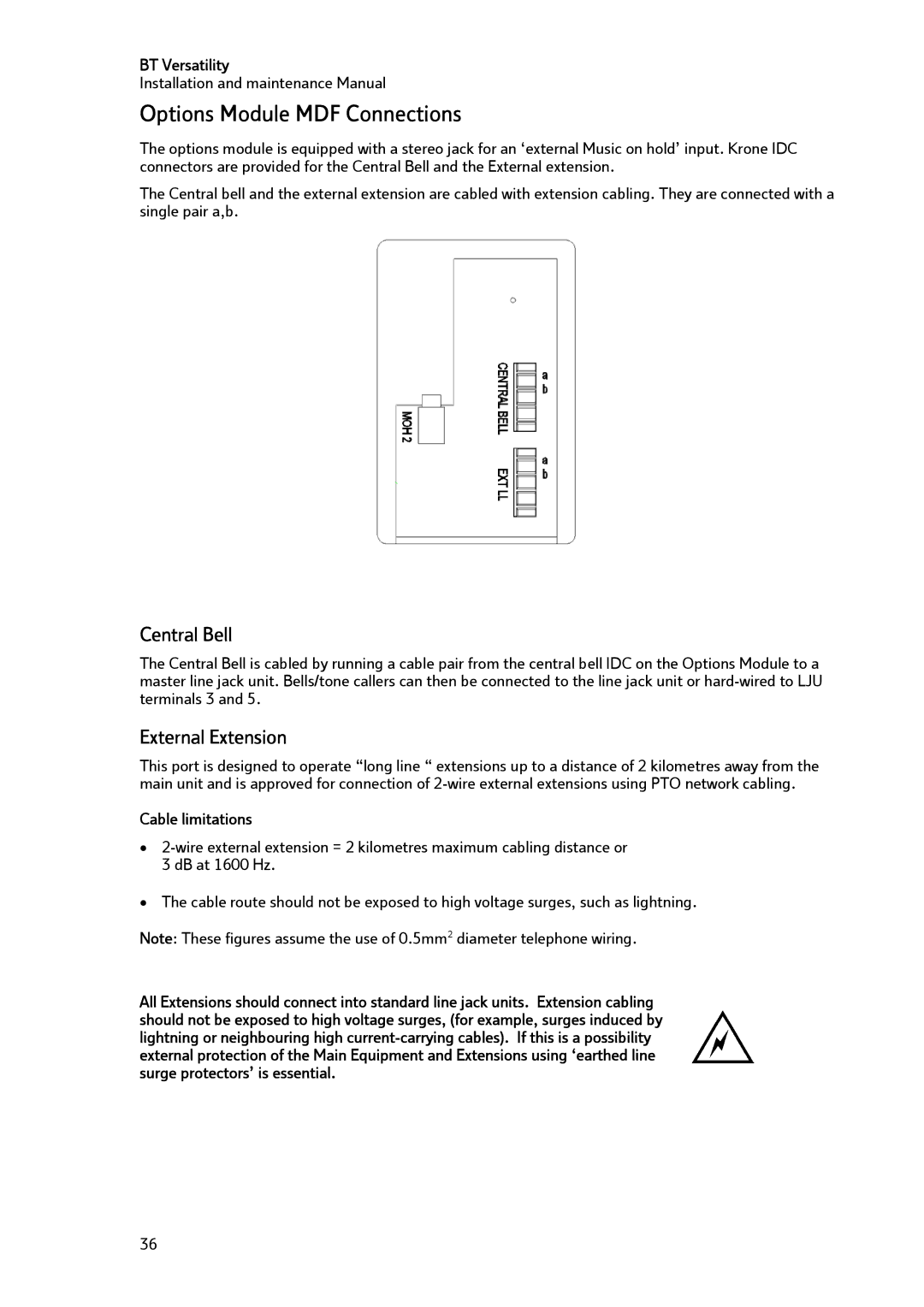 BT BT Versatility manual Options Module MDF Connections, Central Bell, External Extension, Cable limitations 