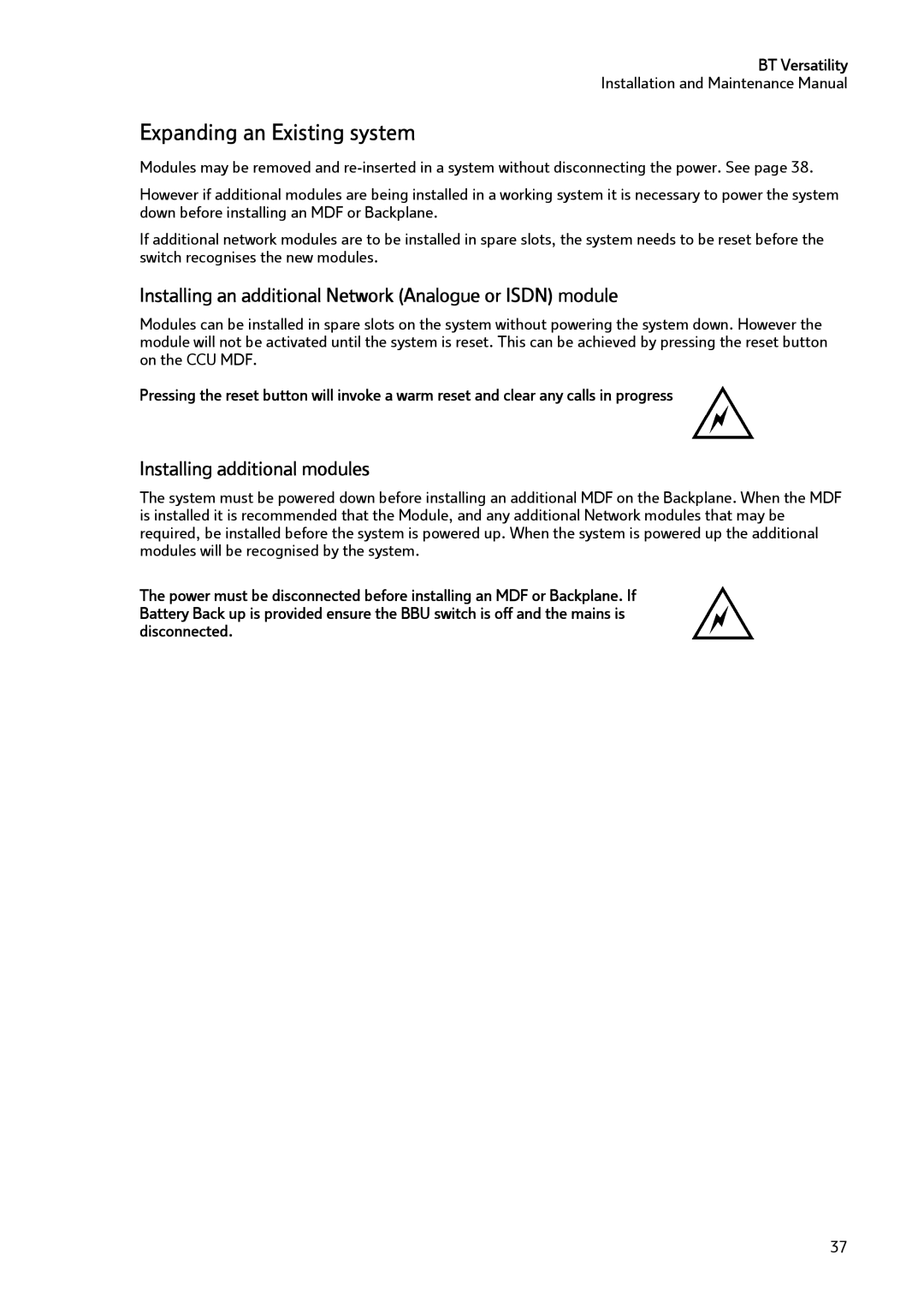 BT BT Versatility manual Expanding an Existing system, Installing an additional Network Analogue or Isdn module 