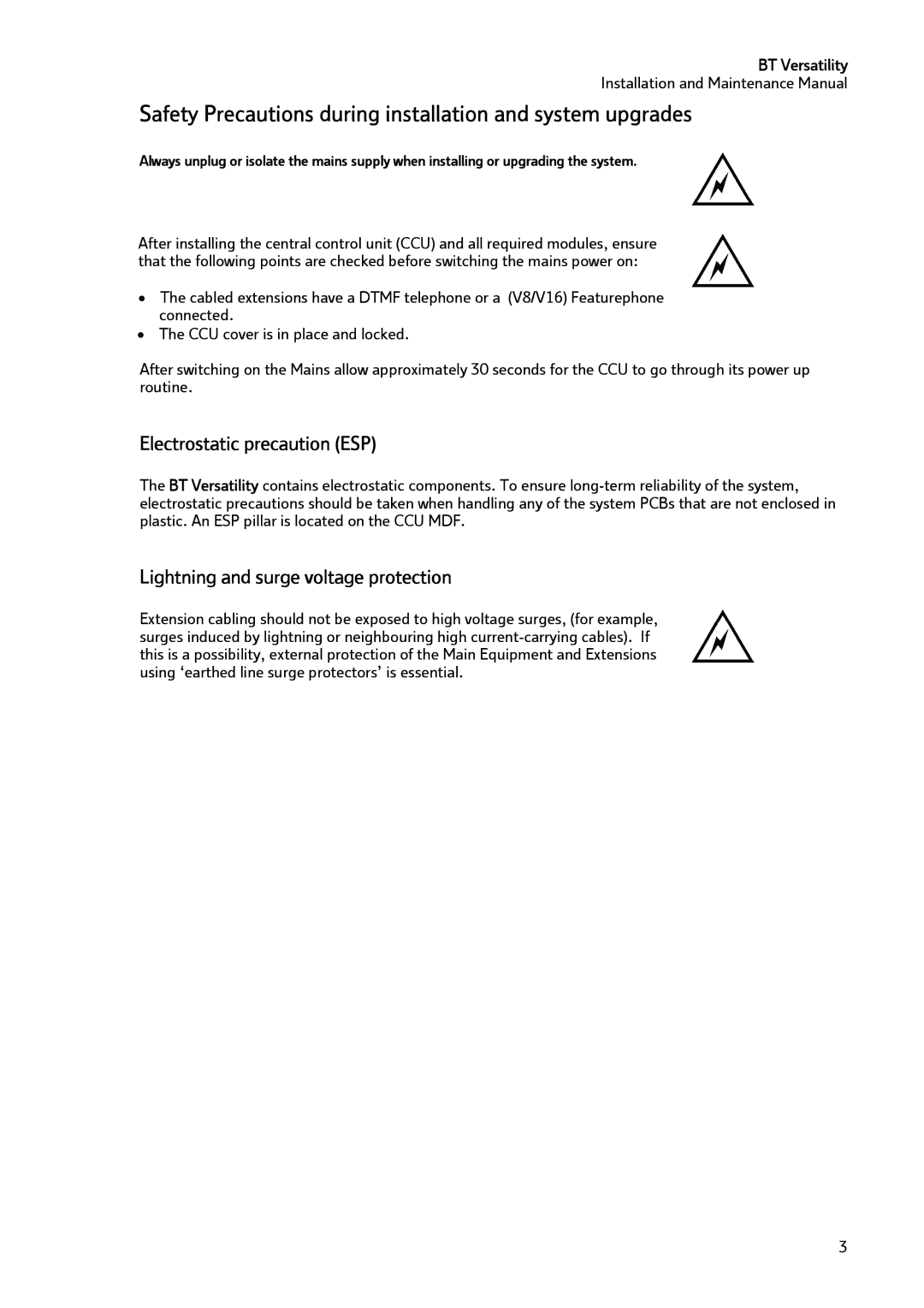 BT BT Versatility manual Safety Precautions during installation and system upgrades, Electrostatic precaution ESP 