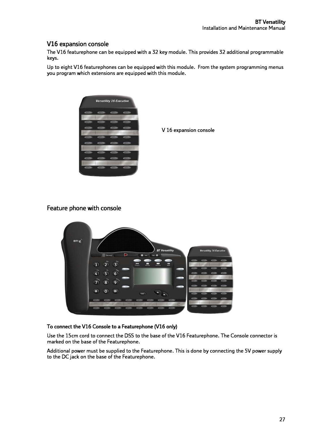 BT BT Versatility manual V16 expansion console, Feature phone with console, V 16 expansion console 