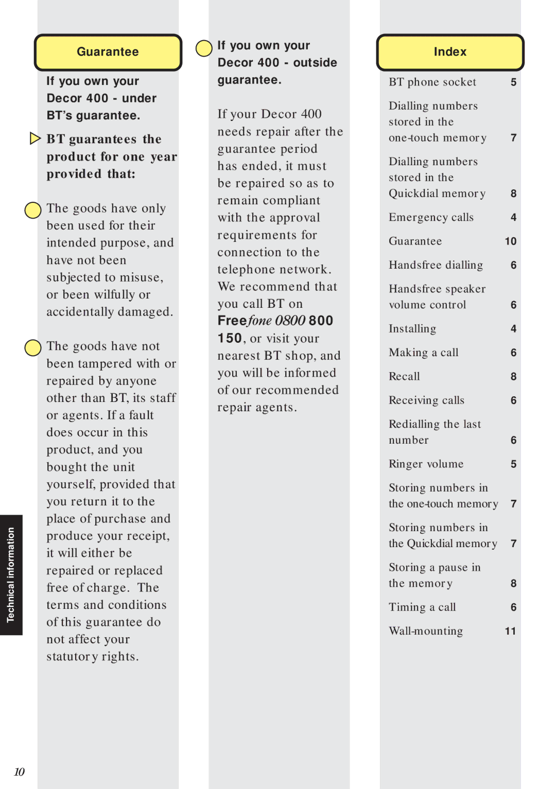 BT manual Guarantee If you own your Decor 400 under BT’s guarantee, If you own your Decor 400 outside Guarantee, Index 