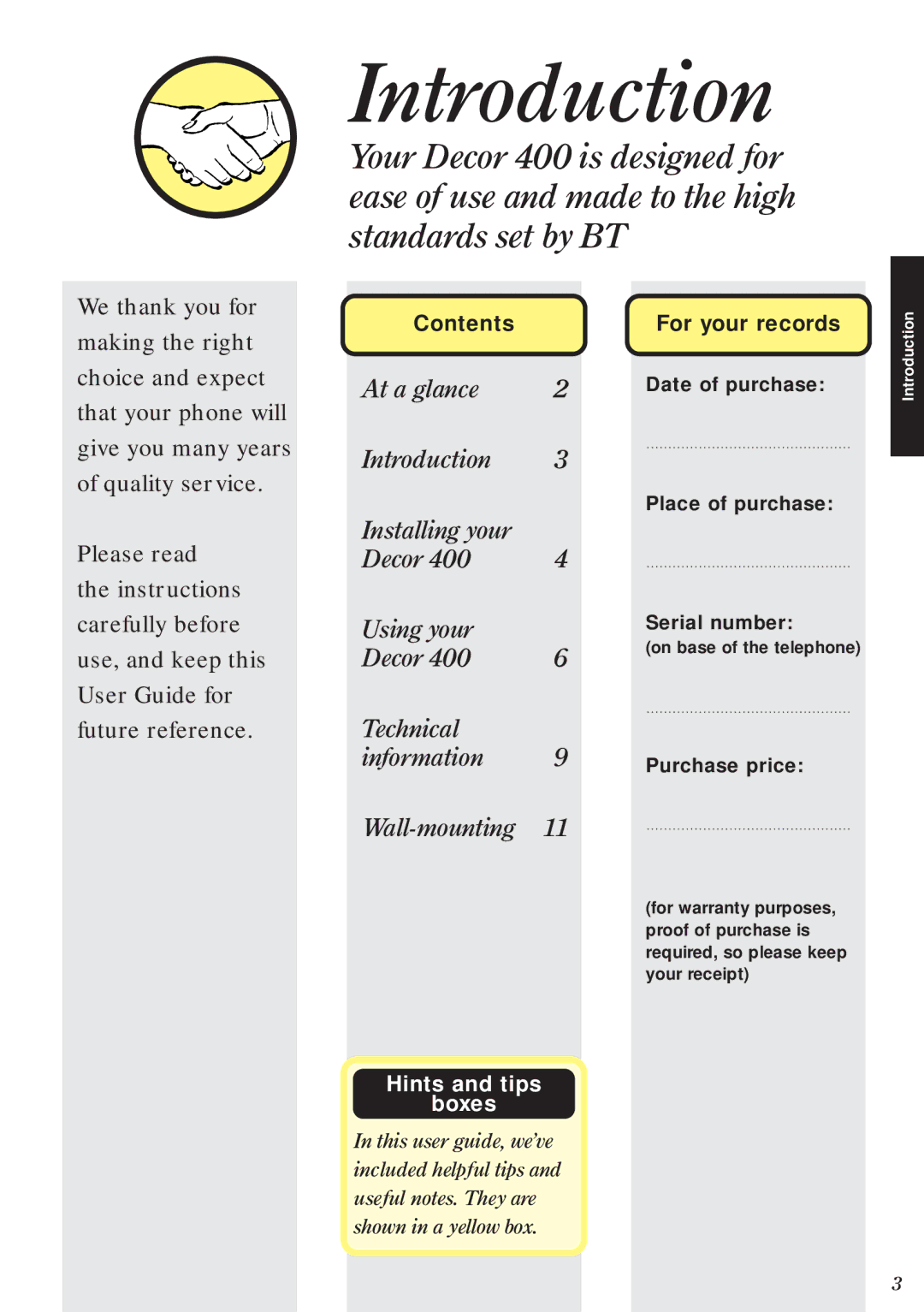 BT Decor 400 manual Introduction, For your records, Date of purchase Place of purchase Serial number, Purchase price 