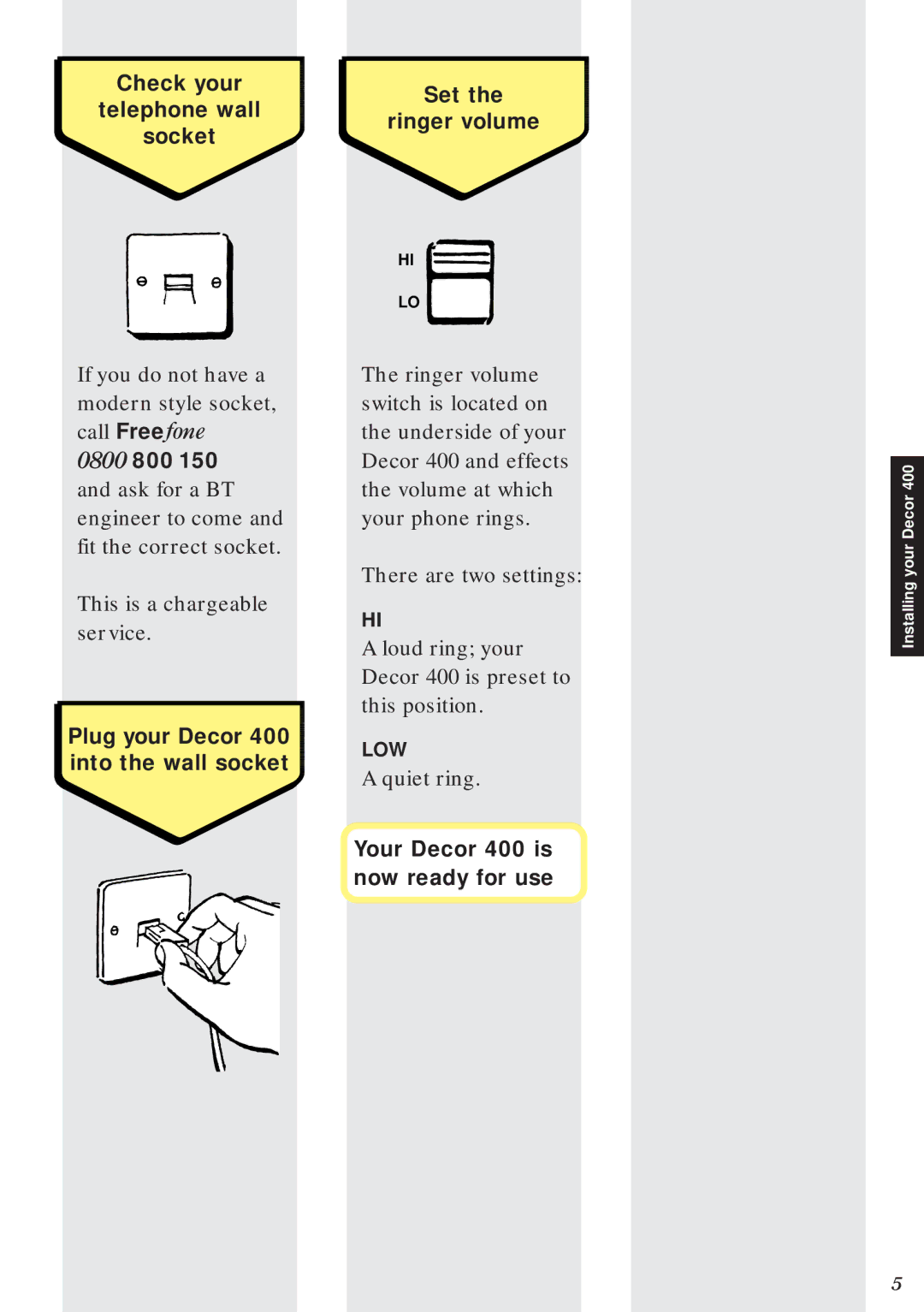 BT manual Check your Set Telephone wall Ringer volume Socket, Plug your Decor 400 into the wall socket 