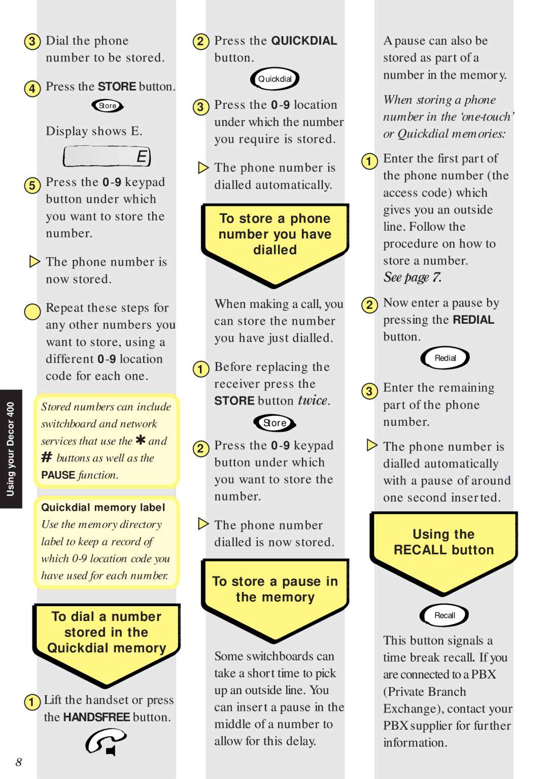 BT Decor 400 To dial a number Stored Quickdial memory, To store a phone number you have dialled, To store a pause Memory 