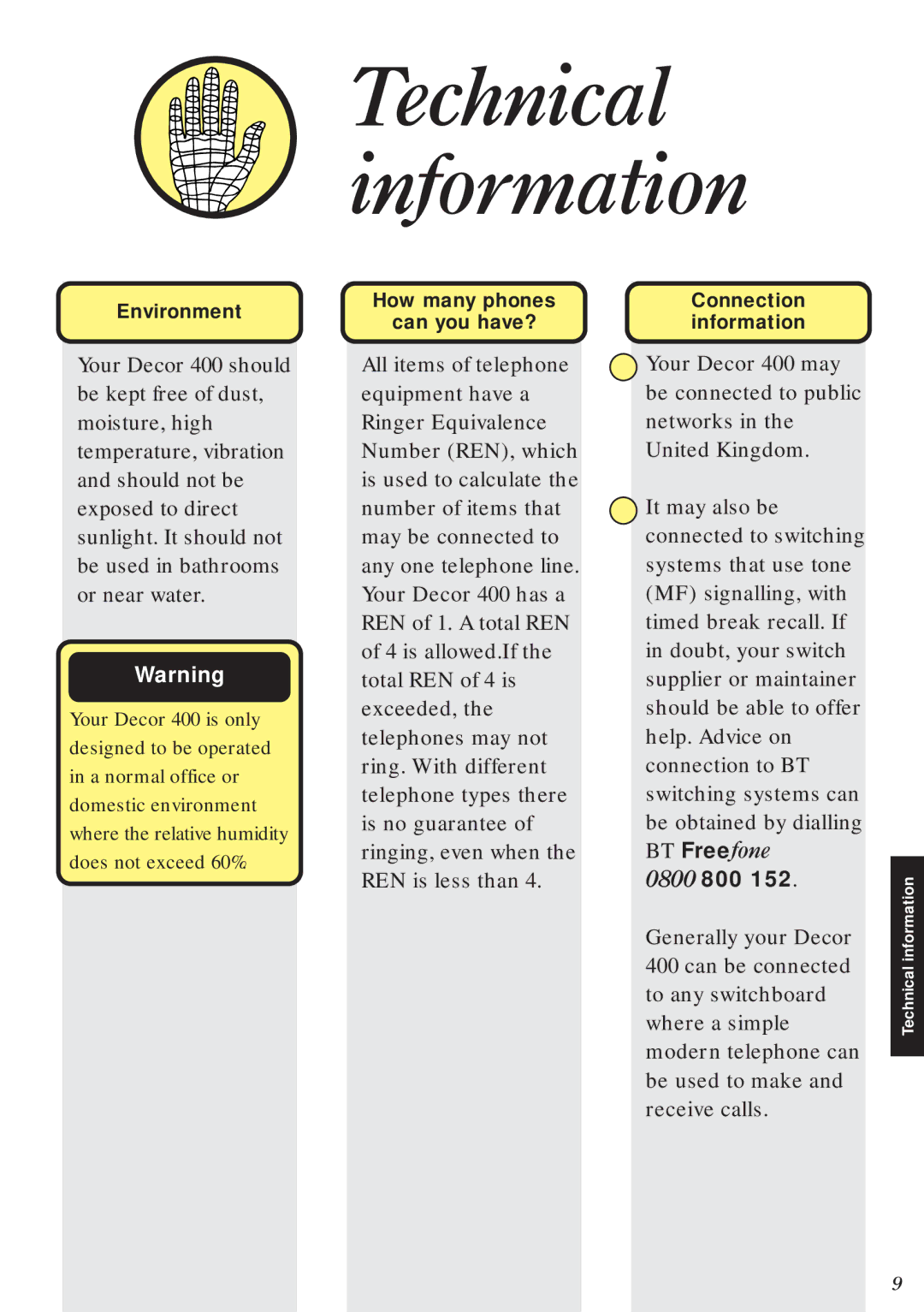 BT Decor 400 manual Technical information, 0800 800, Environment, How many phones Can you have?, Connection information 
