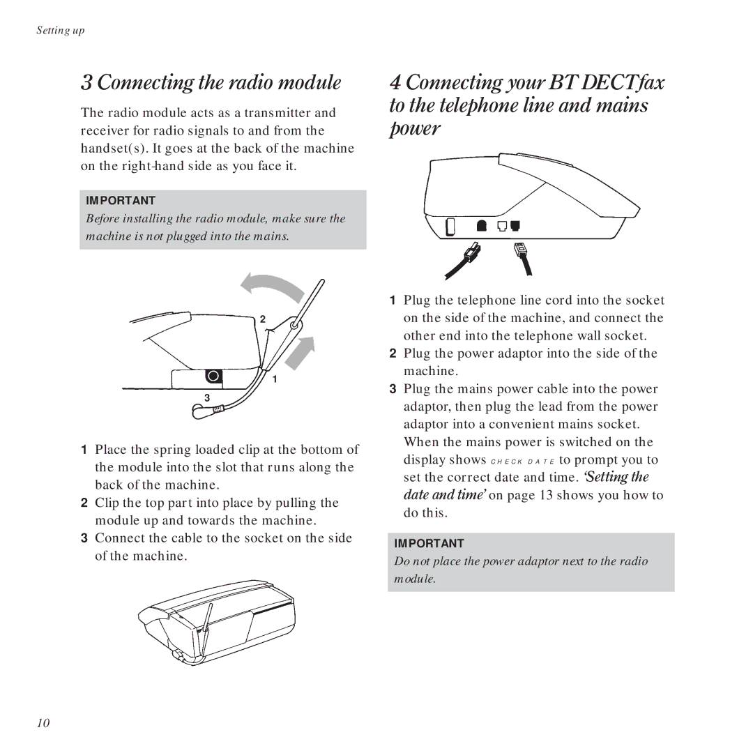 BT DECTfax Fax machine and digital telephone system manual Connecting the radio module 