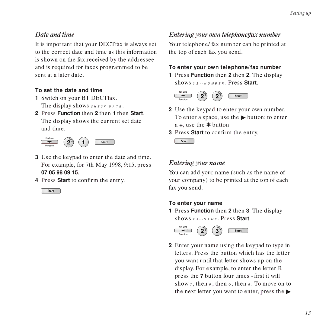 BT DECTfax Fax machine and digital telephone system manual Date and time, Entering your own telephone/fax number 