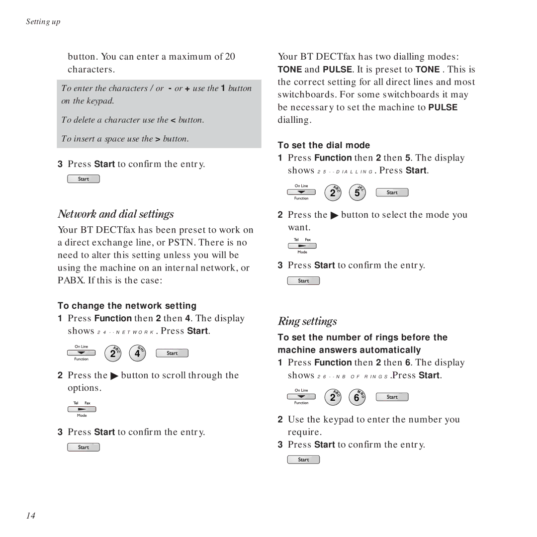 BT DECTfax Fax machine and digital telephone system manual Network and dial settings, Ring settings 