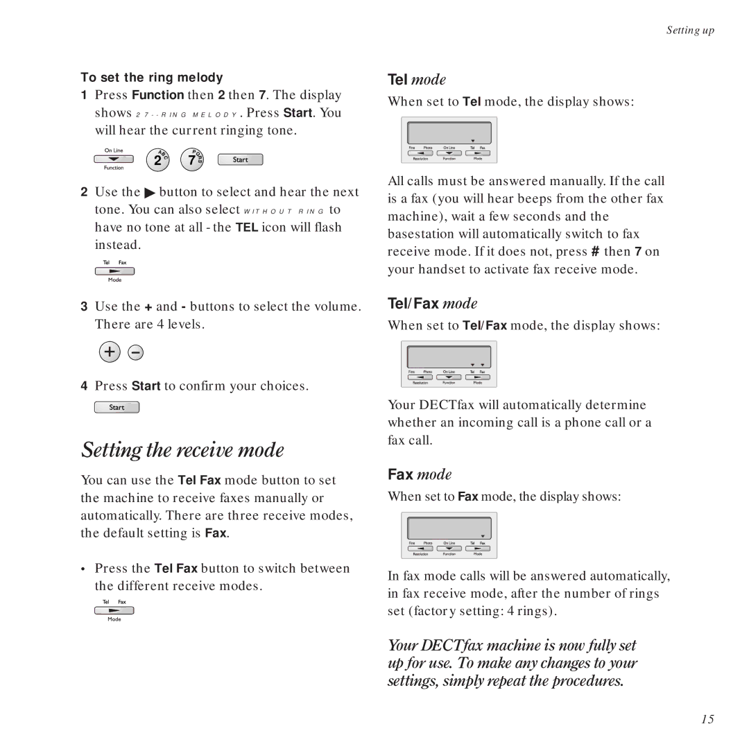 BT DECTfax Fax machine and digital telephone system manual Setting the receive mode, Tel mode 