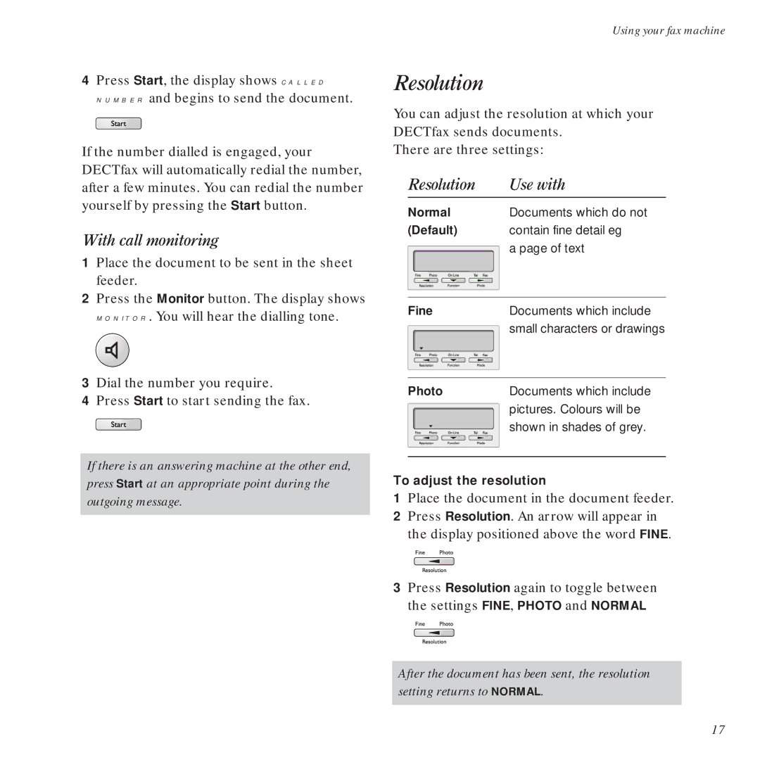 BT DECTfax Fax machine and digital telephone system manual With call monitoring, Resolution Use with 