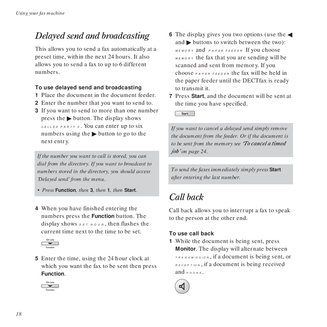 BT DECTfax Fax machine and digital telephone system manual Delayed send and broadcasting, Call back 