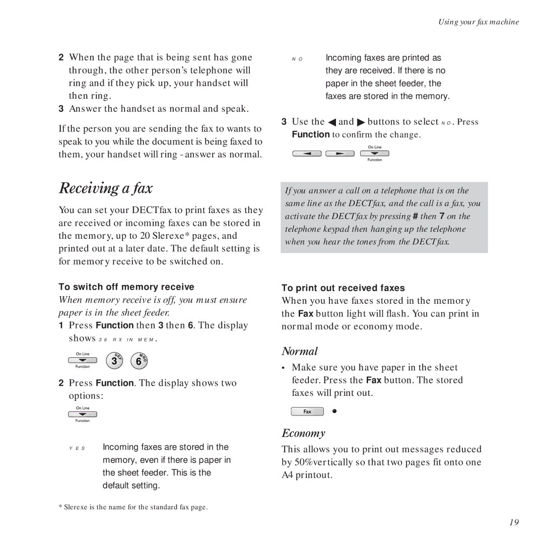 BT DECTfax Fax machine and digital telephone system manual Receiving a fax, Normal, Economy 