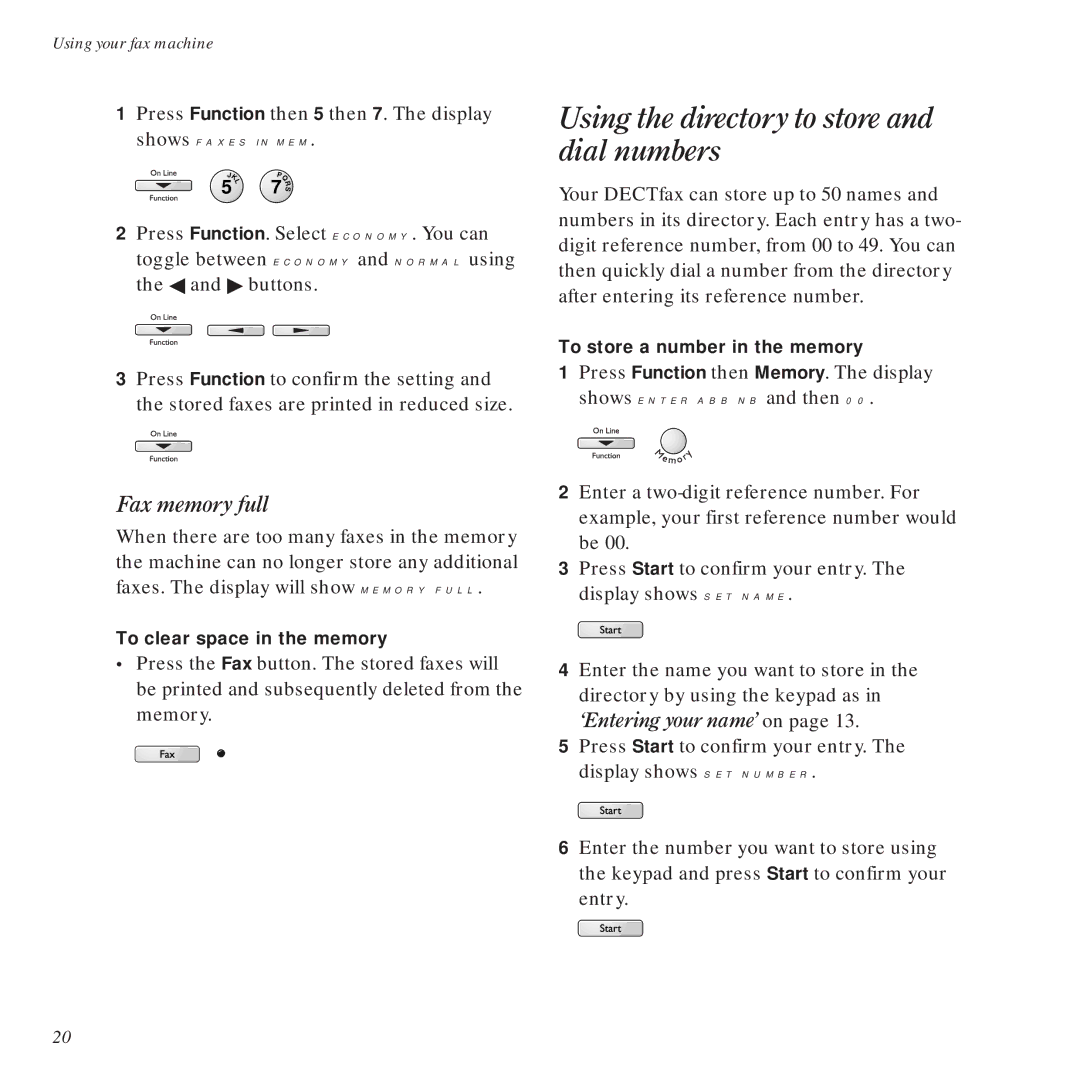 BT DECTfax Fax machine and digital telephone system manual Using the directory to store and dial numbers, Fax memory full 