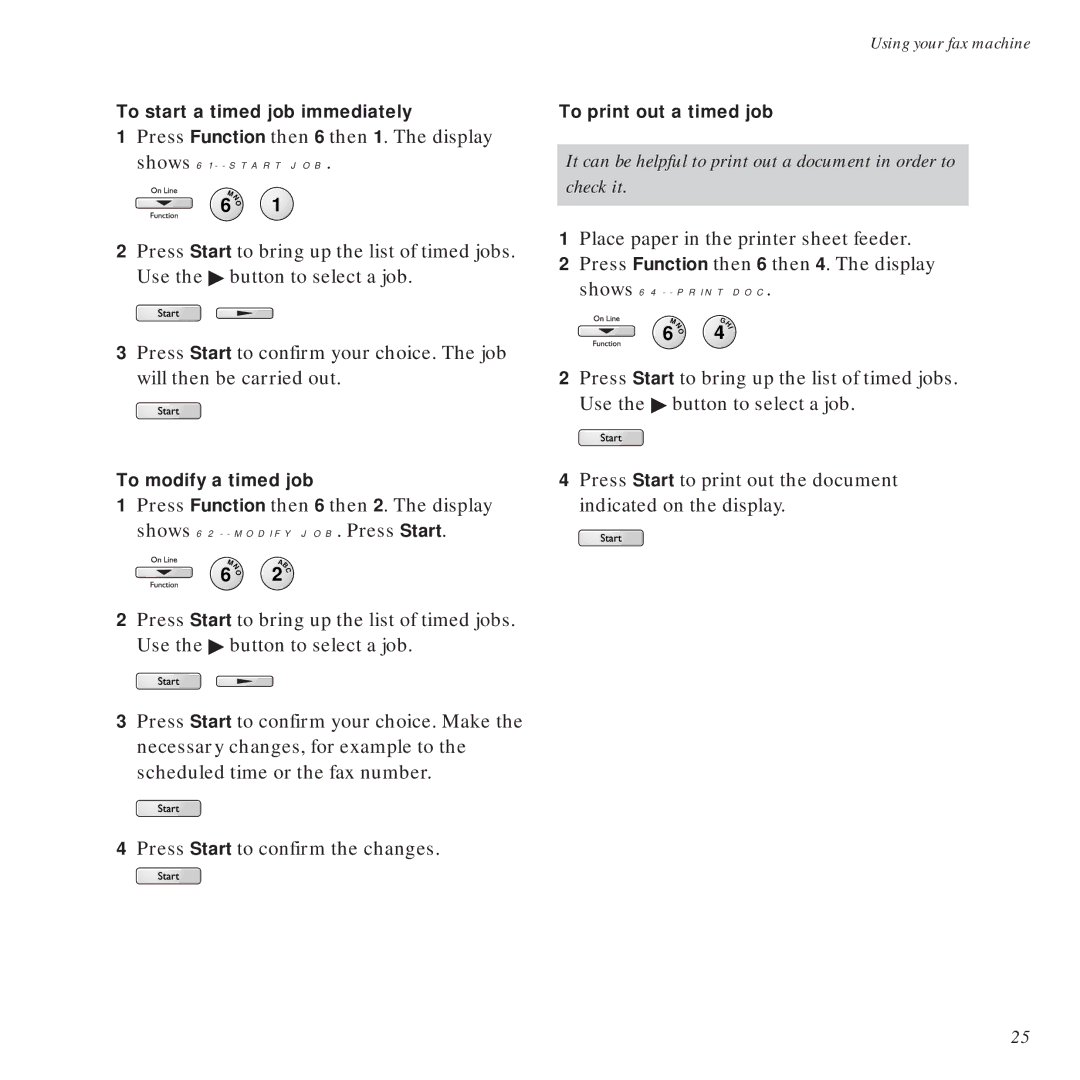 BT DECTfax Fax machine and digital telephone system manual To start a timed job immediately 