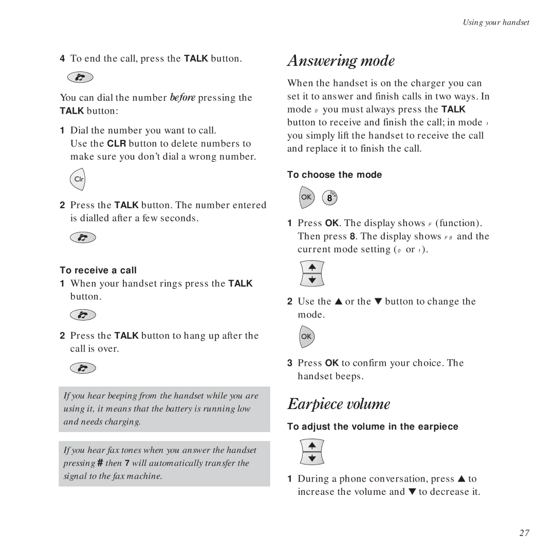 BT DECTfax Fax machine and digital telephone system manual Answering mode, Earpiece volume 