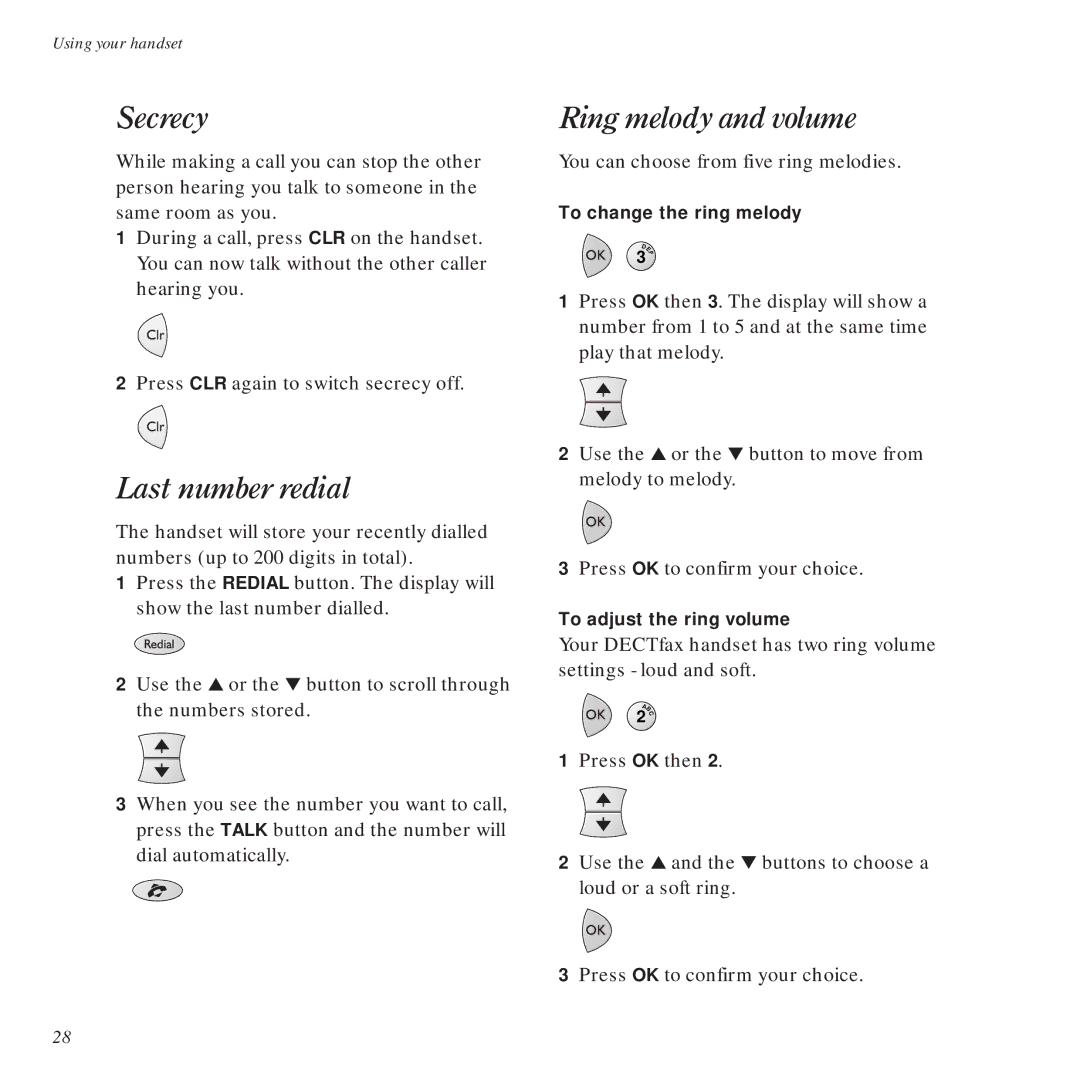 BT DECTfax Fax machine and digital telephone system manual Secrecy, Last number redial, Ring melody and volume 