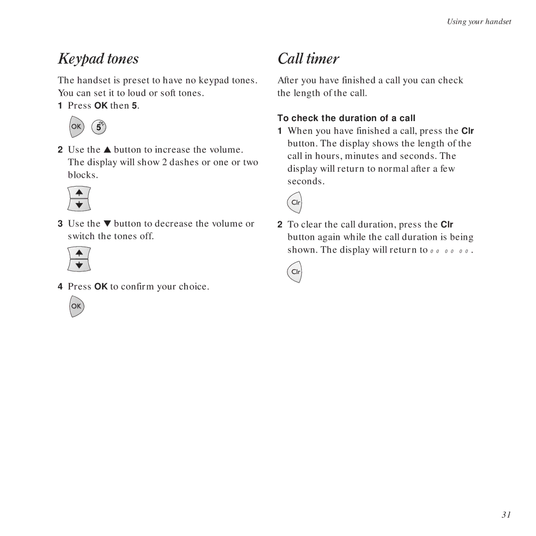 BT DECTfax Fax machine and digital telephone system manual Keypad tones, Call timer 