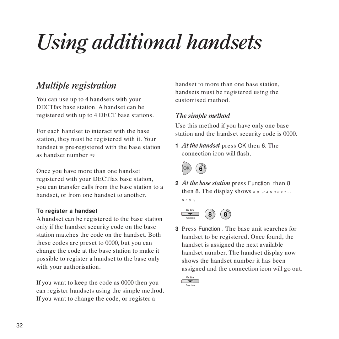 BT DECTfax Fax machine and digital telephone system manual Using additional handsets, Multiple registration, Simple method 