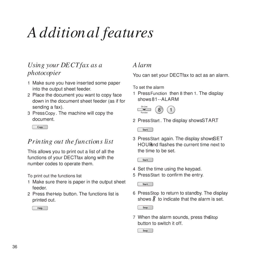 BT DECTfax Fax machine and digital telephone system manual Additional features, Using your DECTfax as a photocopier, Alarm 