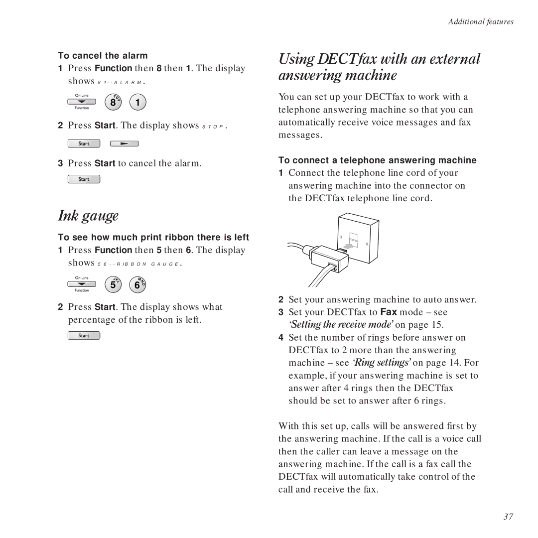 BT DECTfax Fax machine and digital telephone system manual Ink gauge, Using DECTfax with an external answering machine 