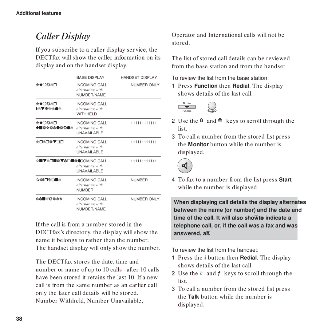 BT DECTfax Fax machine and digital telephone system manual Caller Display 