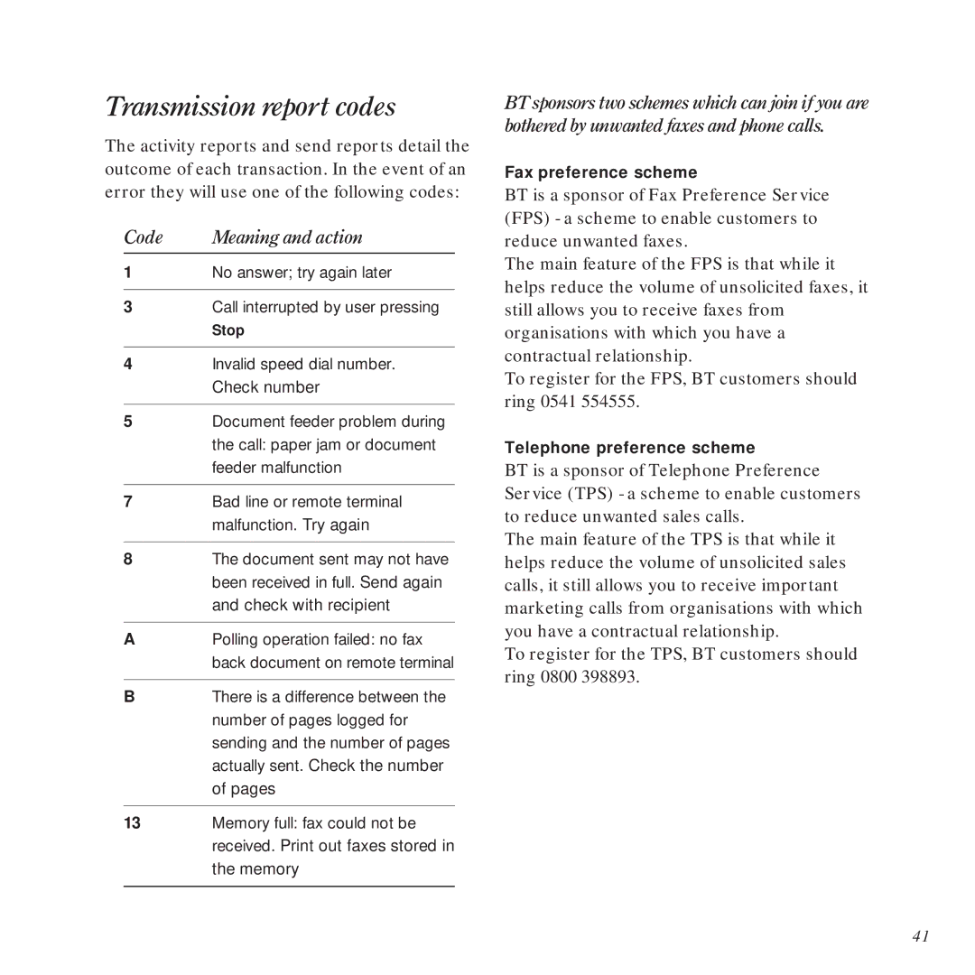 BT DECTfax Fax machine and digital telephone system manual Transmission report codes, Code Meaning and action 