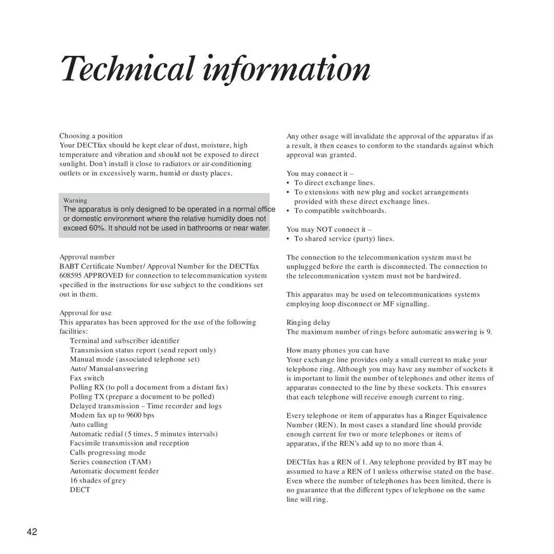 BT DECTfax Fax machine and digital telephone system manual Technical information, Choosing a position 