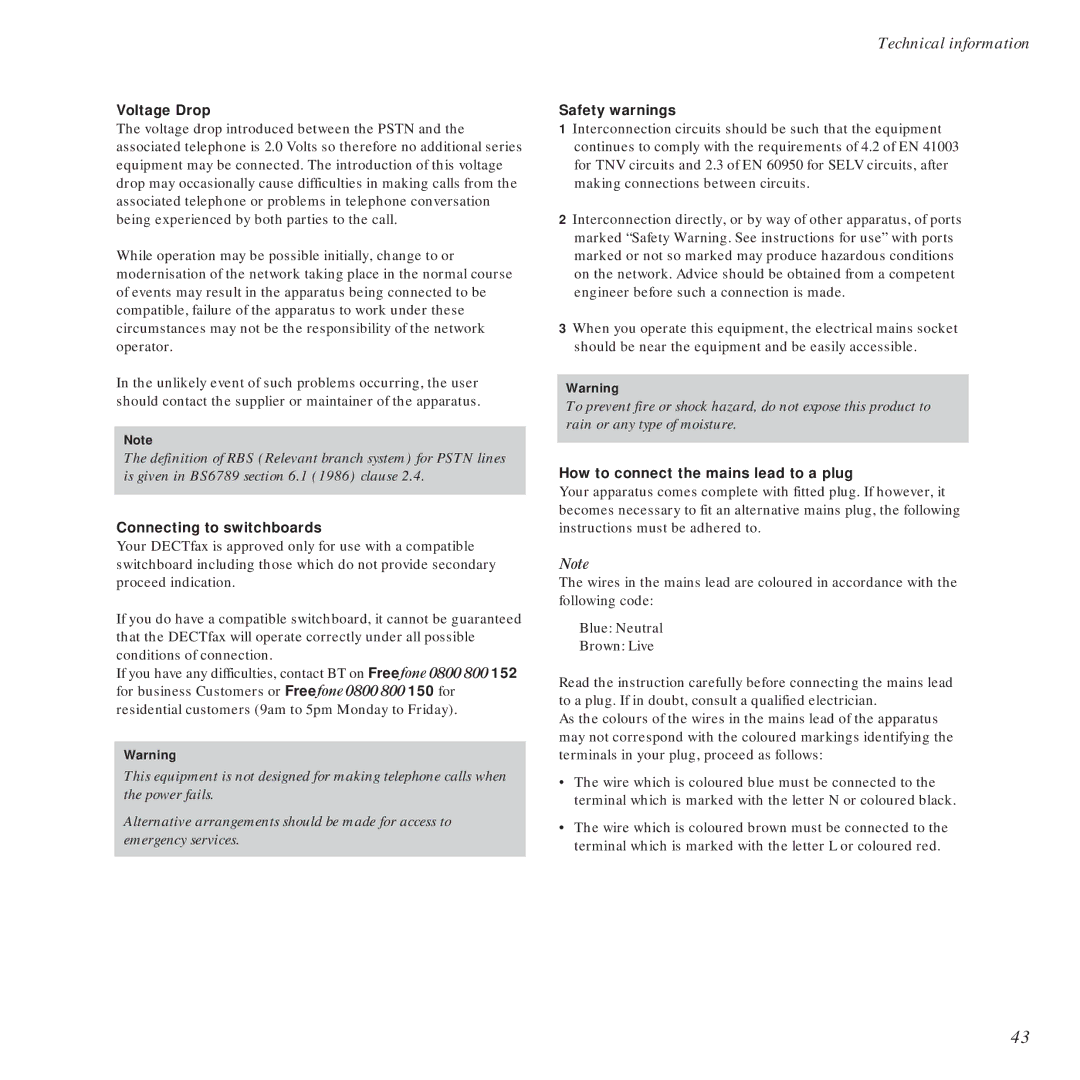 BT DECTfax Fax machine and digital telephone system manual Technical information 