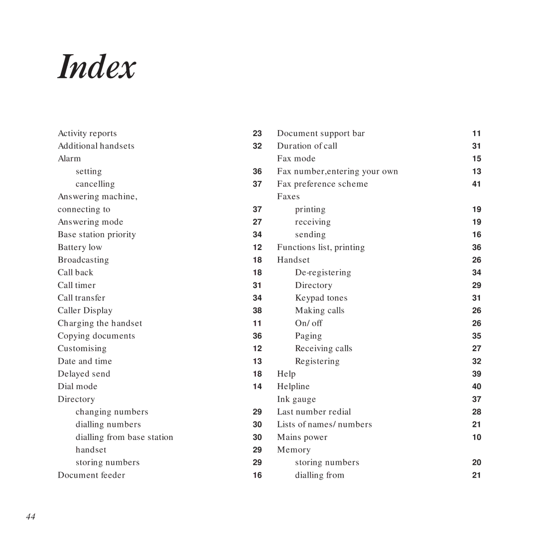 BT DECTfax Fax machine and digital telephone system manual Index 