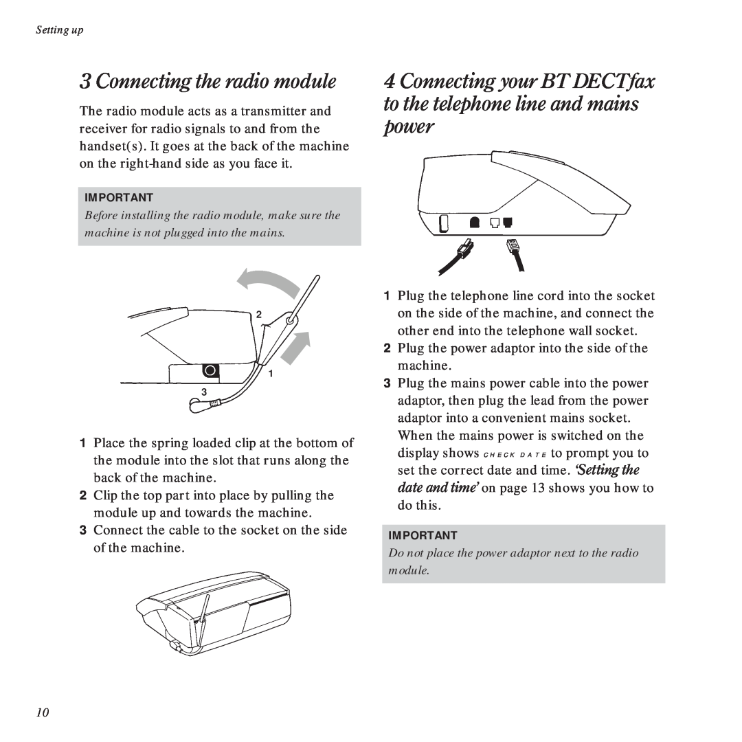 BT DECTfax Fax machine and digital telephone system manual Connecting the radio module 