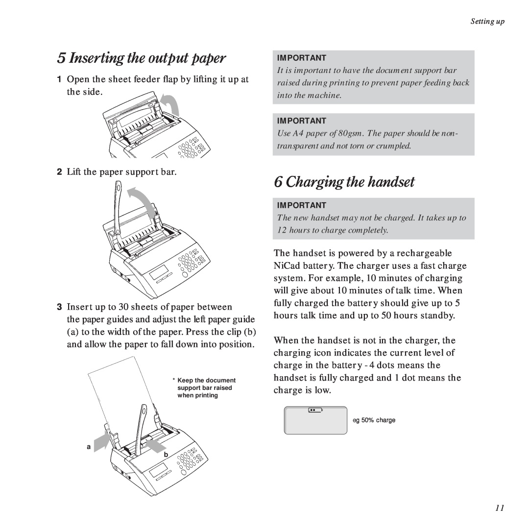 BT DECTfax Fax machine and digital telephone system manual Inserting the output paper, Charging the handset 