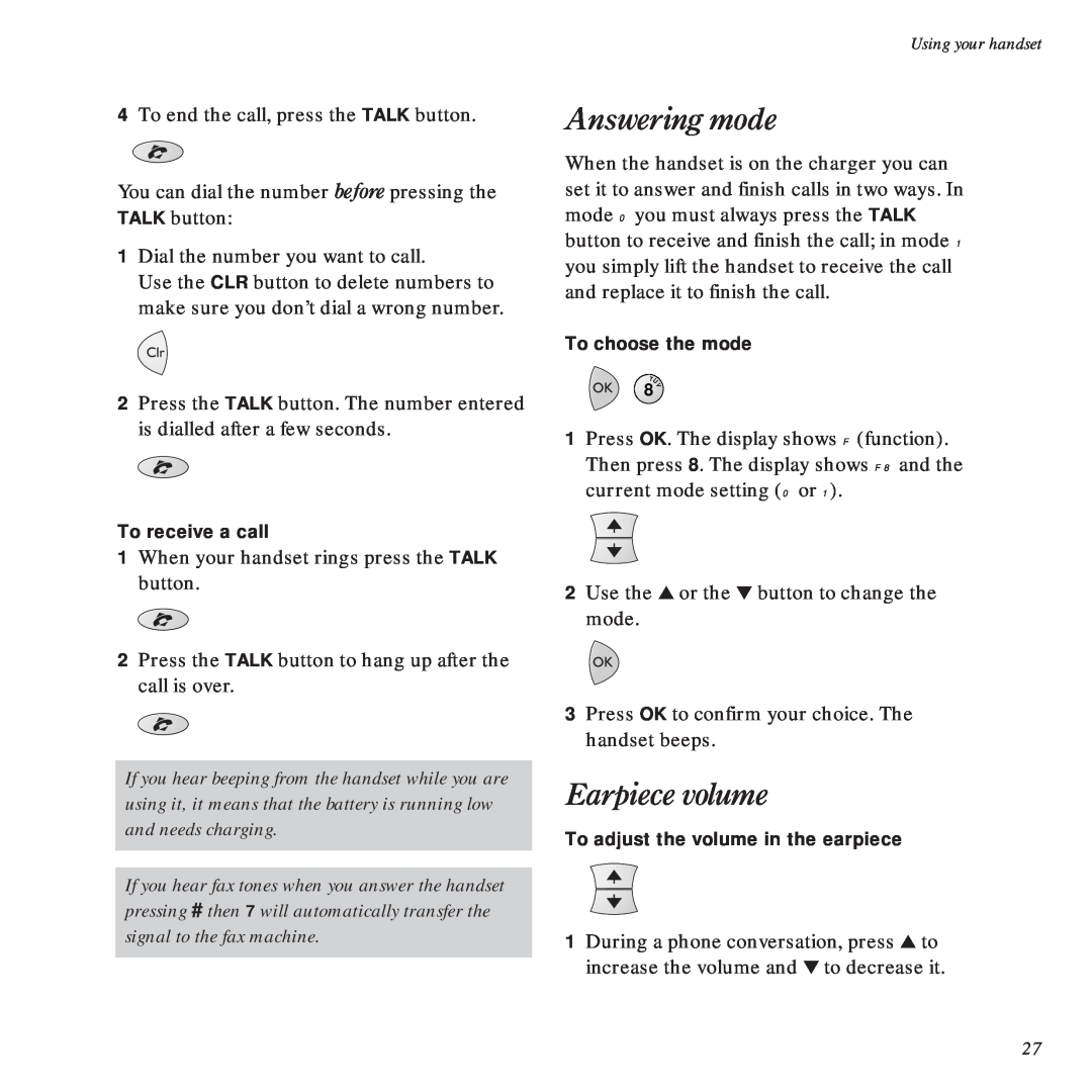 BT DECTfax Fax machine and digital telephone system manual Answering mode, Earpiece volume 