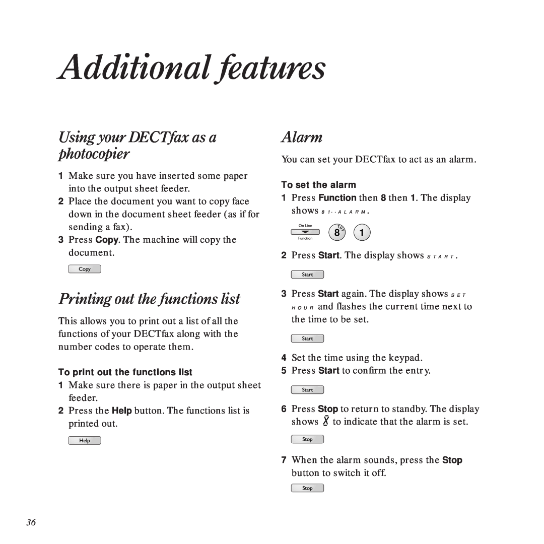 BT DECTfax Fax machine and digital telephone system manual Additional features, Using your DECTfax as a photocopier, Alarm 