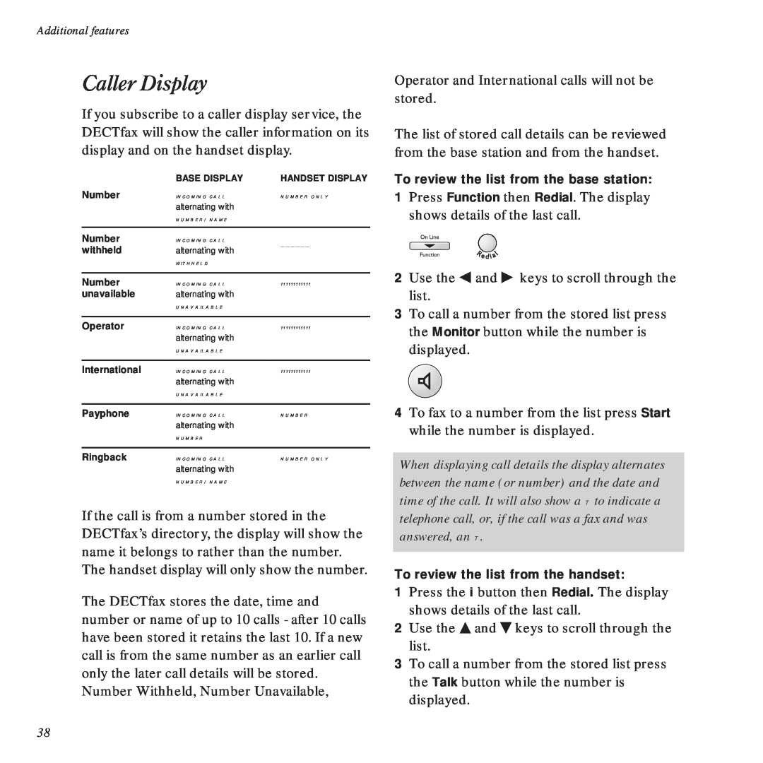 BT DECTfax Fax machine and digital telephone system manual Caller Display 