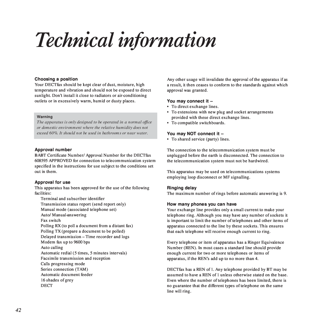 BT DECTfax Fax machine and digital telephone system manual Technical information, Choosing a position, Approval number 