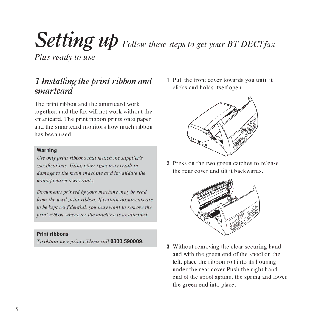 BT DECTfax Plus Fax Machine and digital telephone system manual To obtain new print ribbons call 0800 